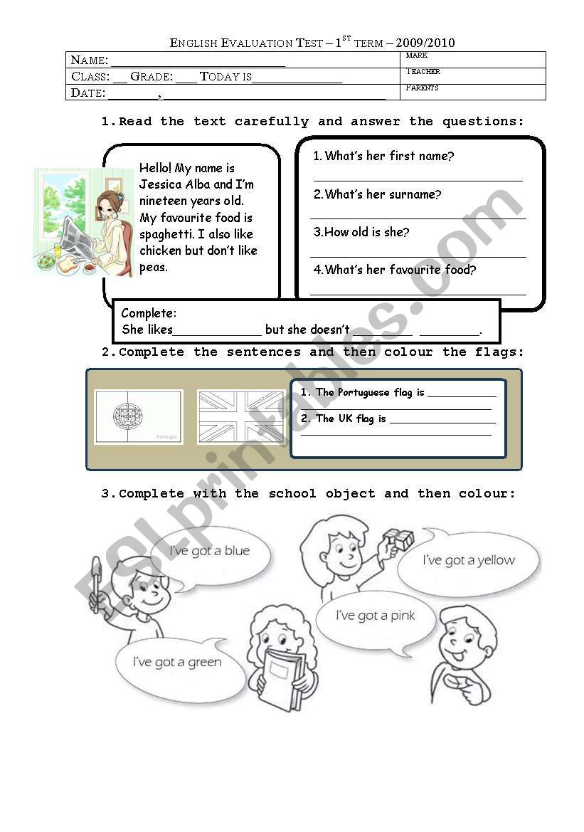 Final evaluation fourth grade worksheet