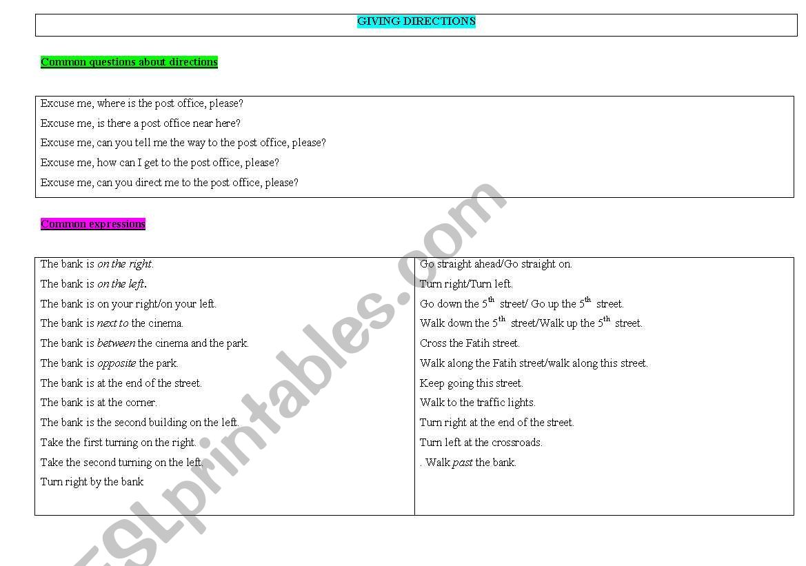 directions worksheet