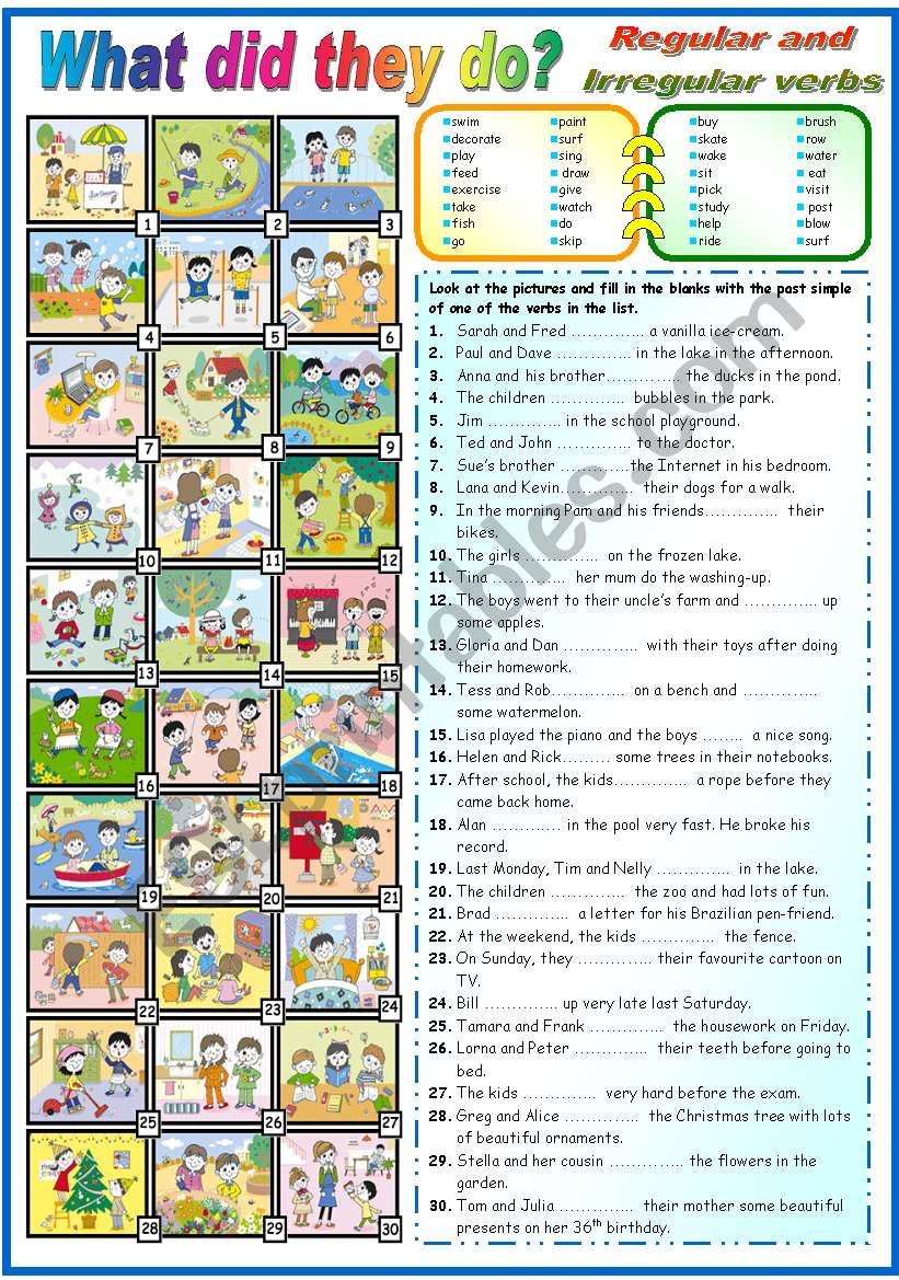 WHAT DID THEY DO? PAST SIMPLE REGULAR AND IRREGULAR VERBS (KEY+B&W VERSION INCLUDED)