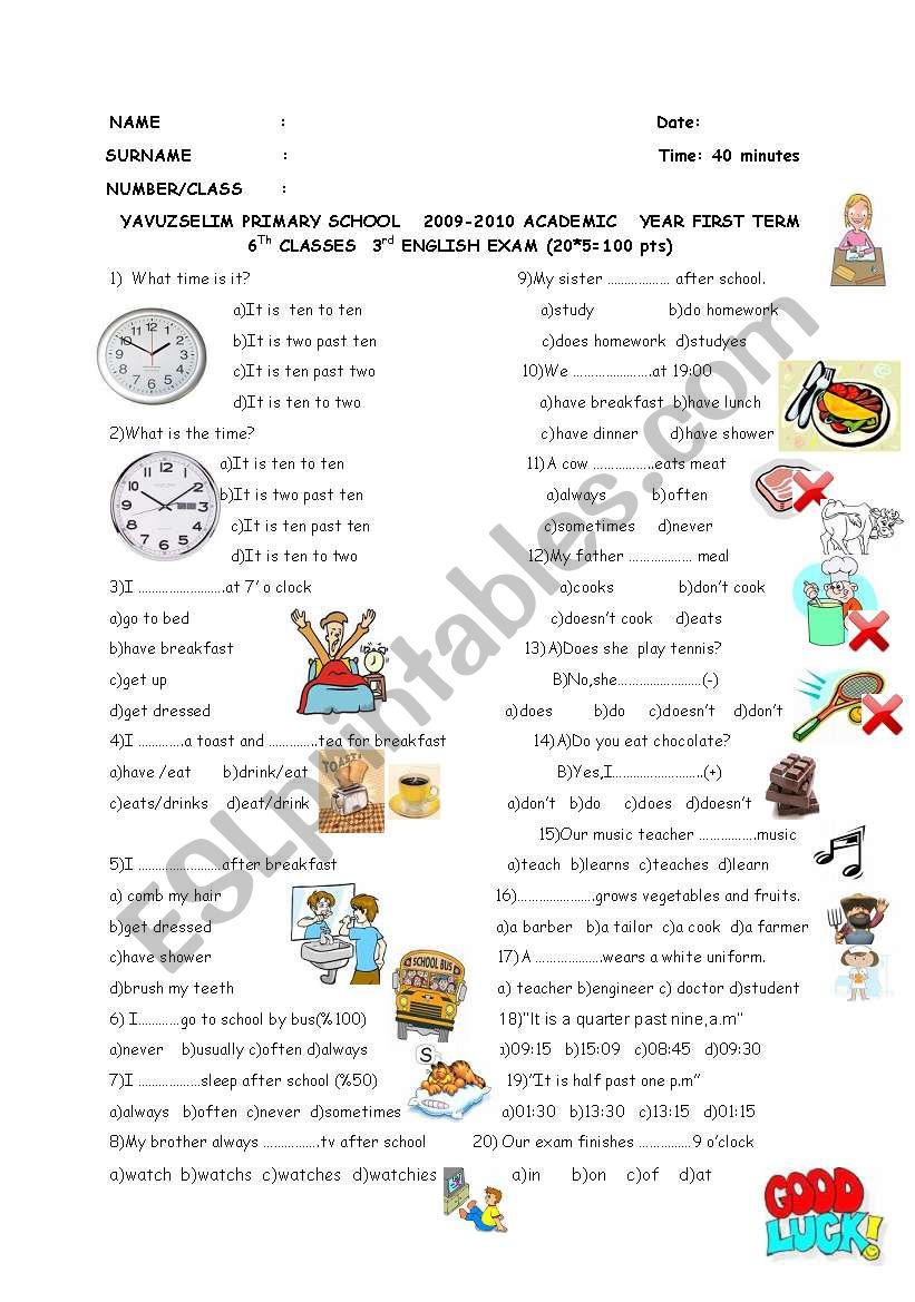 3rd EXAM OF 6th GRADES ( REVISING  PRESENT SIMPLE TENSE