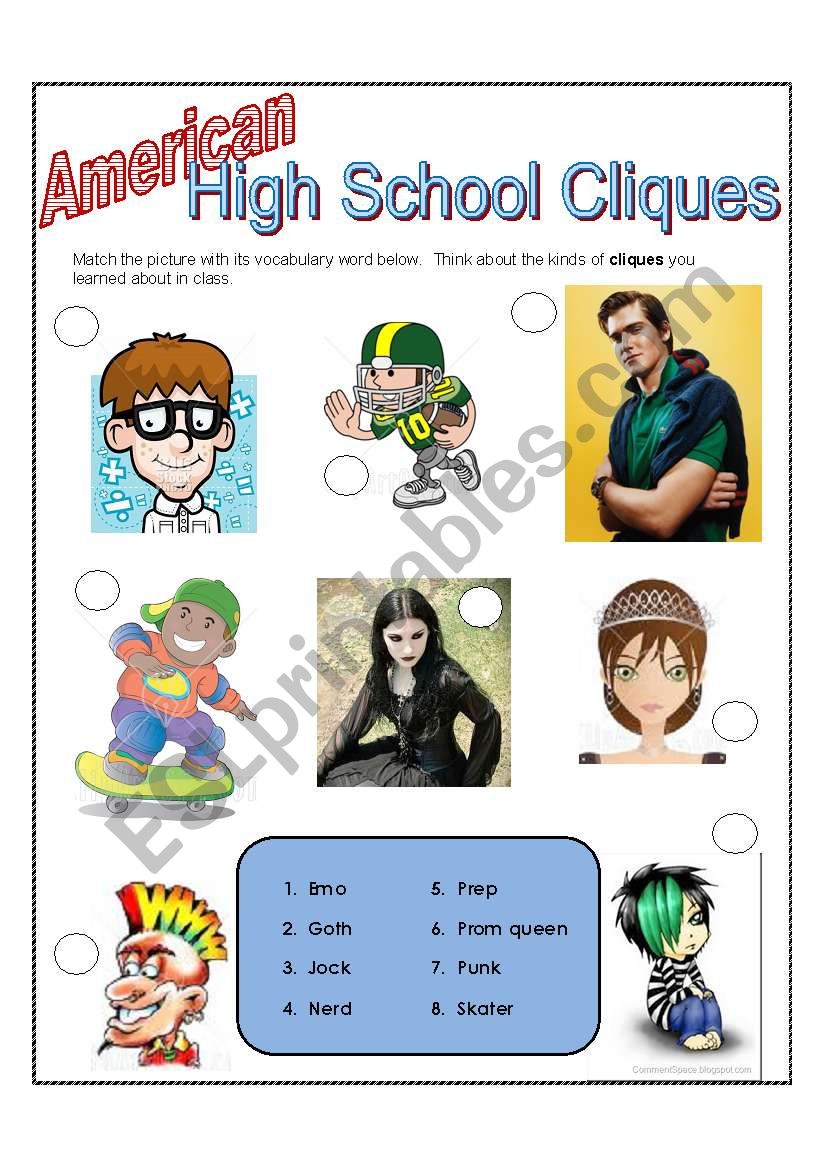 American High School Cliques worksheet