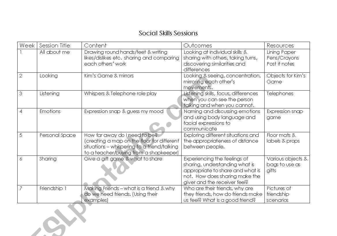 12 week social skills programme for year 1 pupils