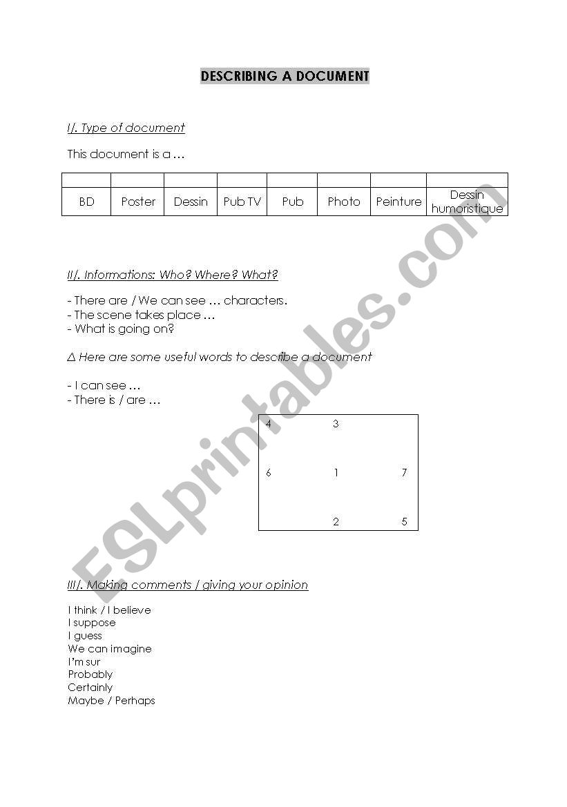 Describing  a document worksheet