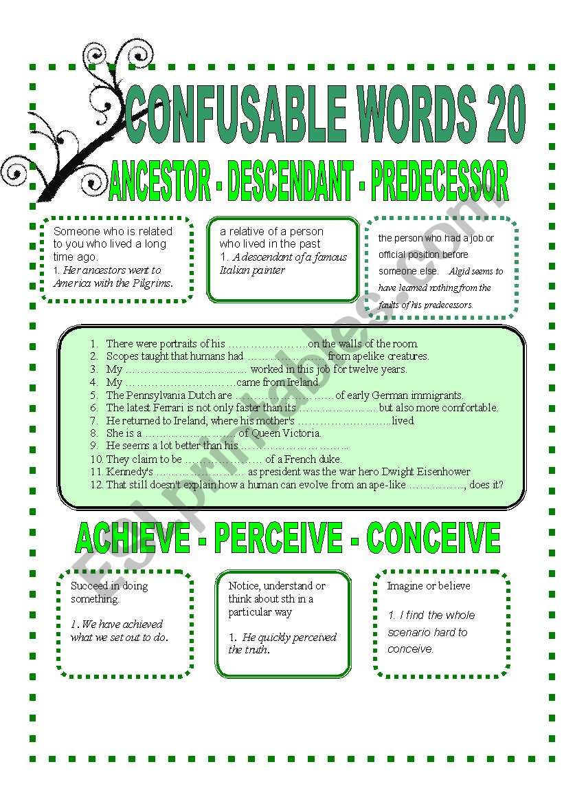 CONFUSABLE WORDS 20 - ANCESTOR-DESCENDANT-PREDECESSOR-ACHEIVE-PERCEIVE-CONCEIVE-DOCILE-TAME-DOMESTIC
