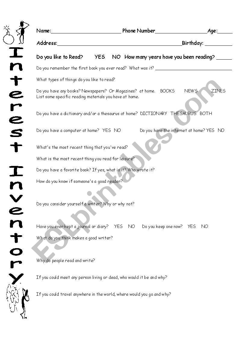 Reading Inventory worksheet