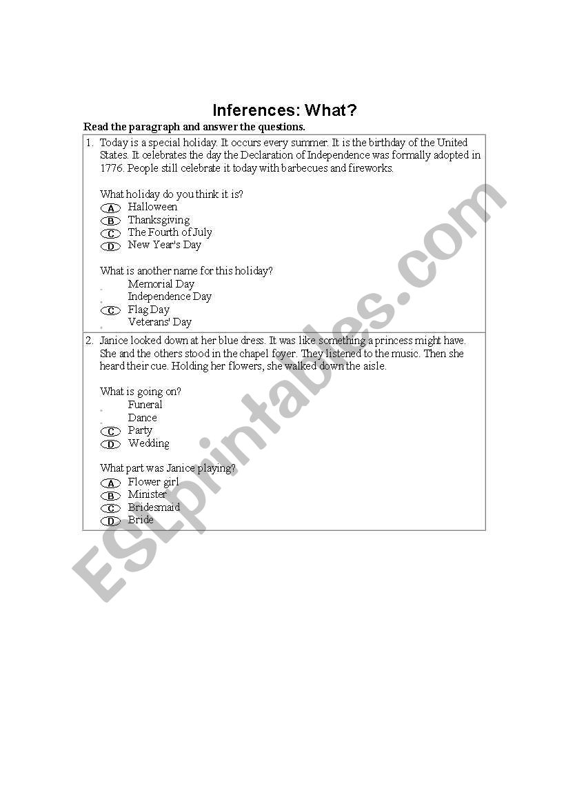 INFERENCING QUESTIONS worksheet