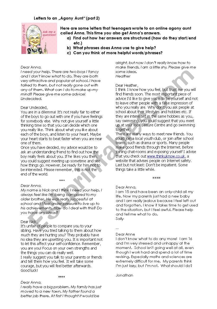 Letters to an agony aunt worksheet