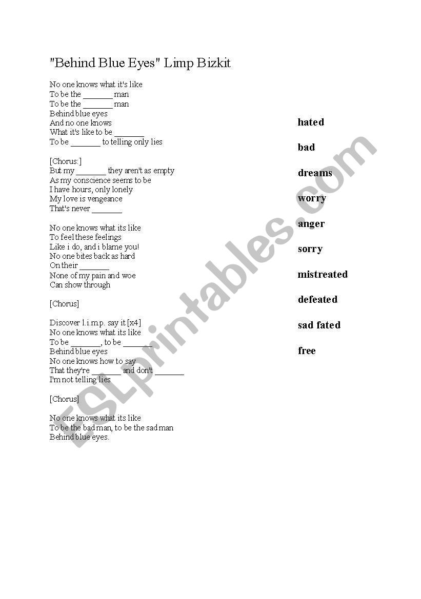 Behind Blue Eyes Song Cloze worksheet