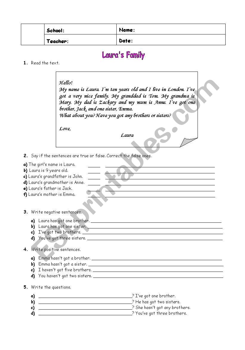 LauraÂ´s family worksheet