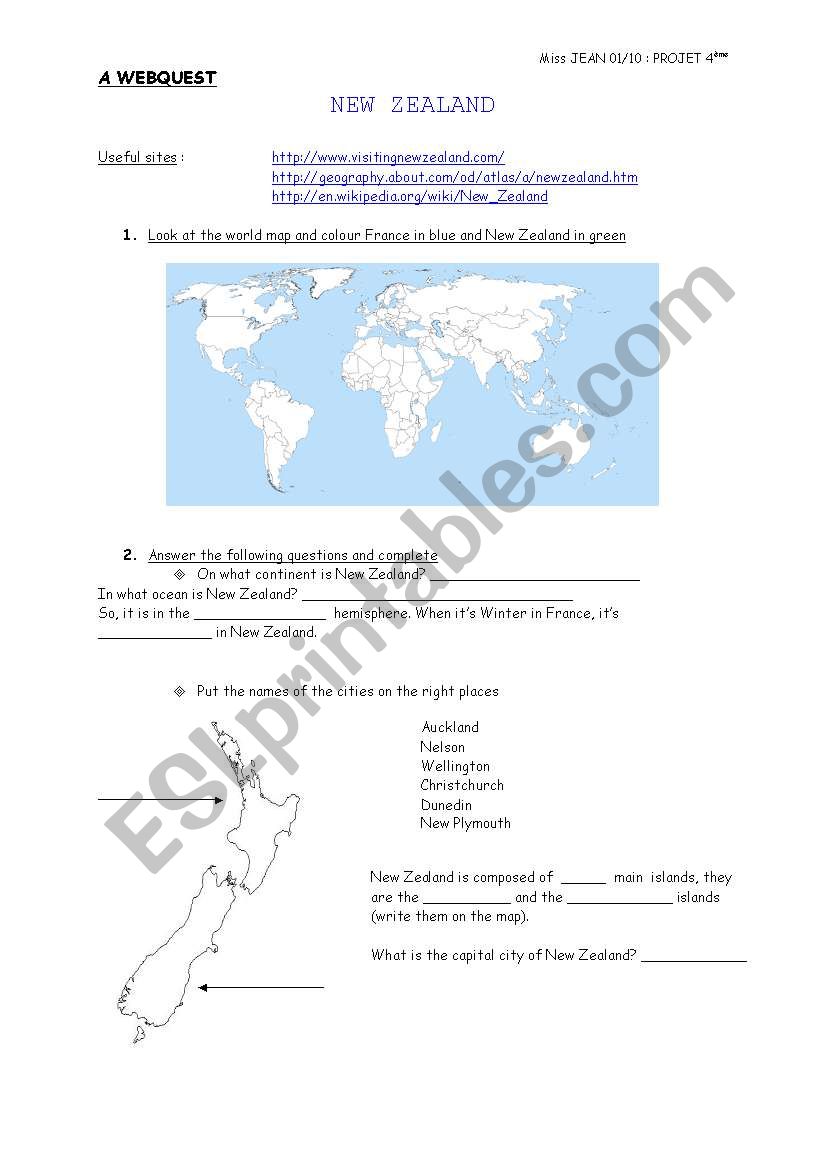 A WEBQUEST ON NEW ZEALAND worksheet