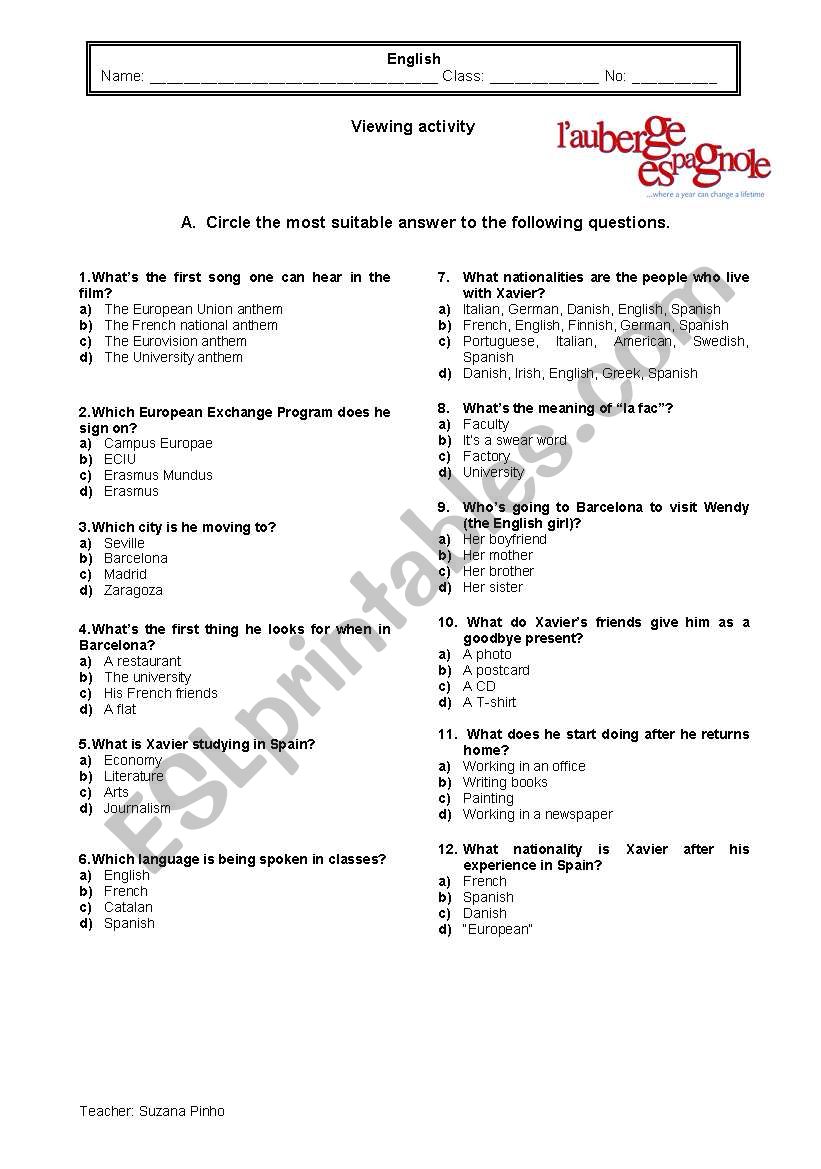 The Spanish Apartment/ Lauberge espagnole - worksheet