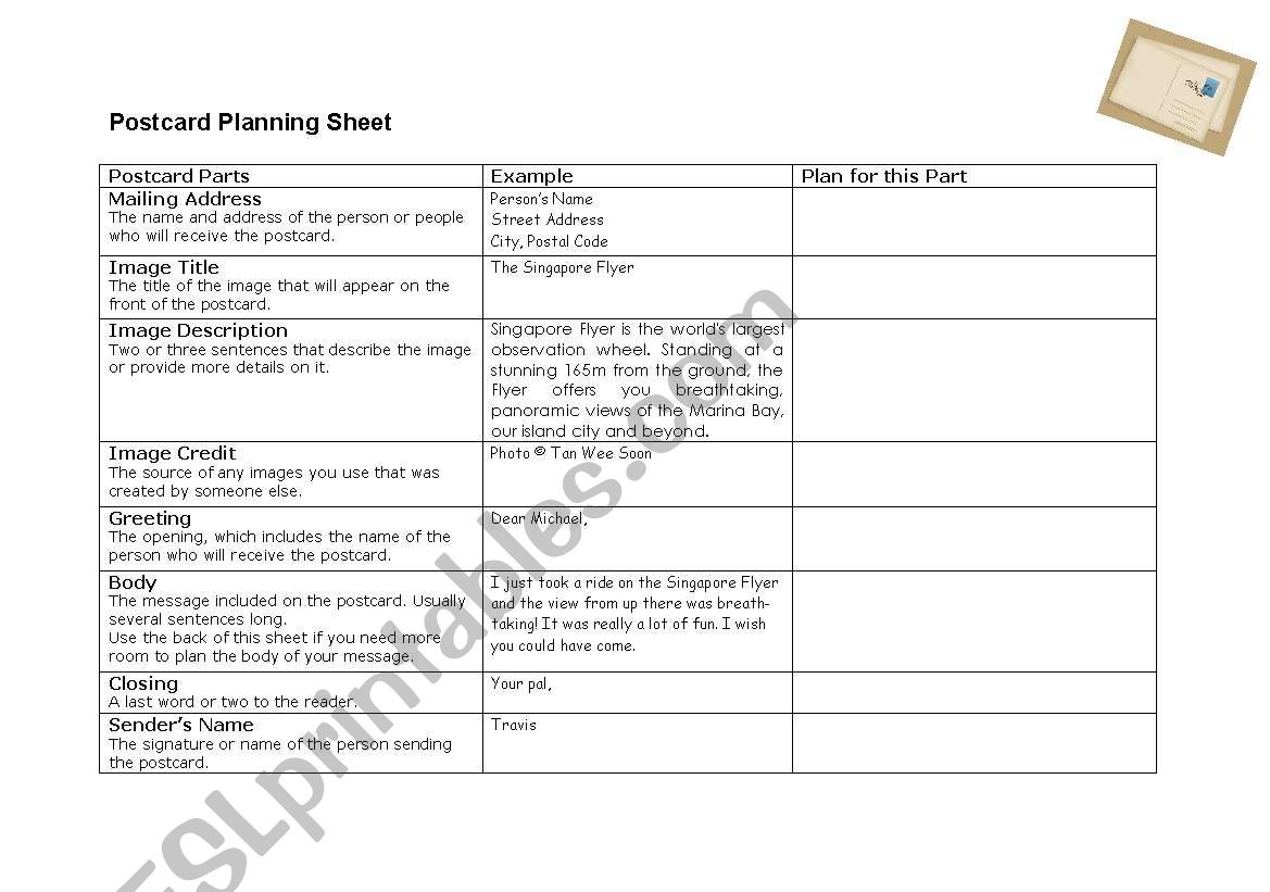 Writing a Postcard Planning Sheet