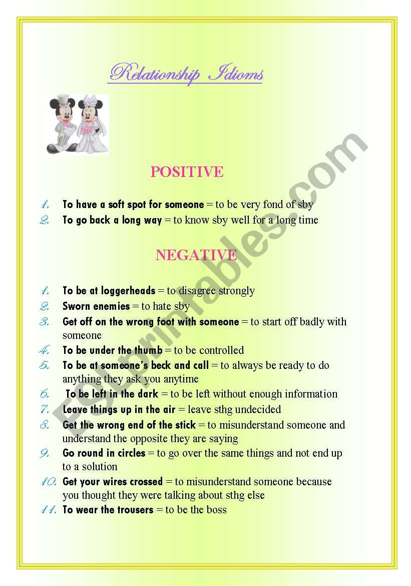 RELATIONSHIP IDIOMS !!! worksheet