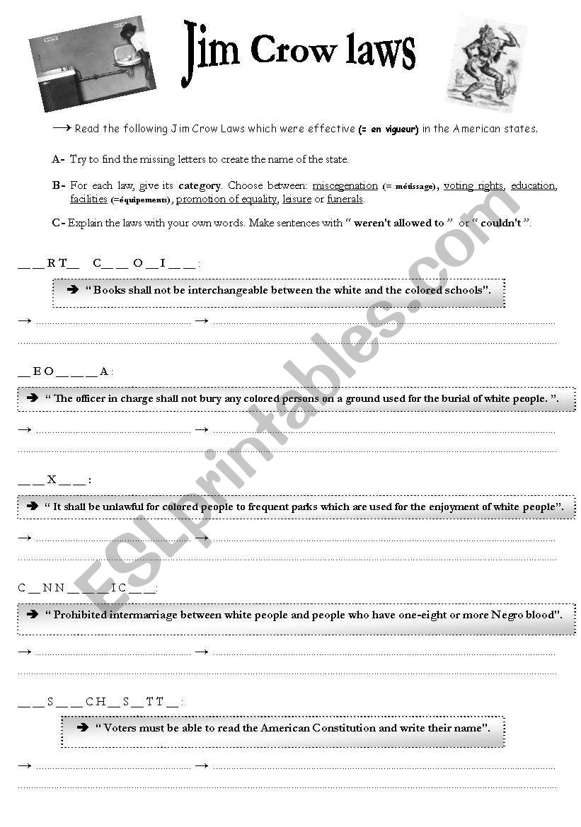 Jim crow laws worksheet