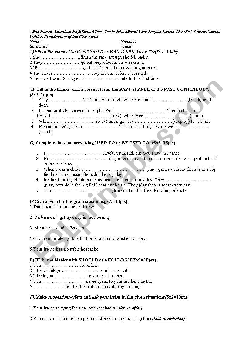 exam worksheet