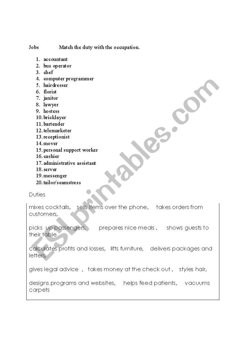 Job Duties worksheet