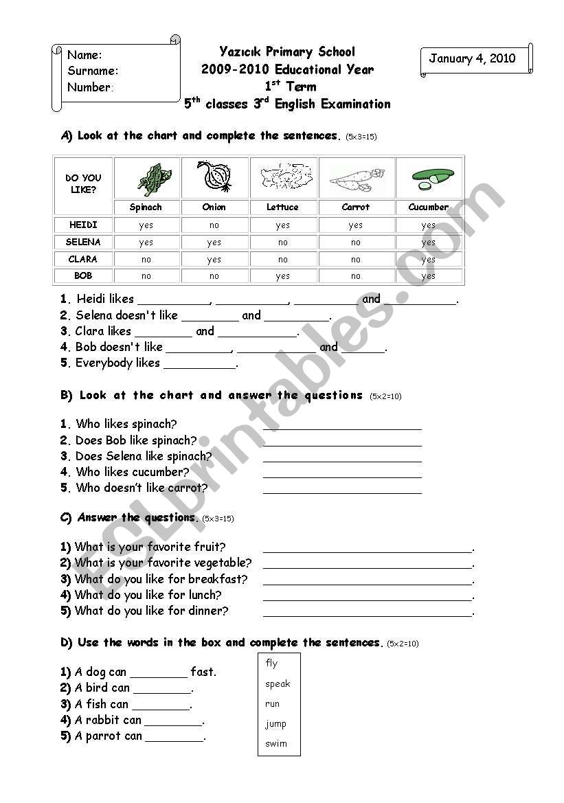 5th grades 3rd exam  worksheet