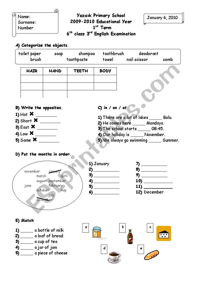 6th grades 3rd exam worksheet