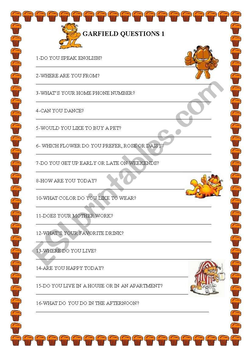 GARFIELD QUESTIONS 1 worksheet