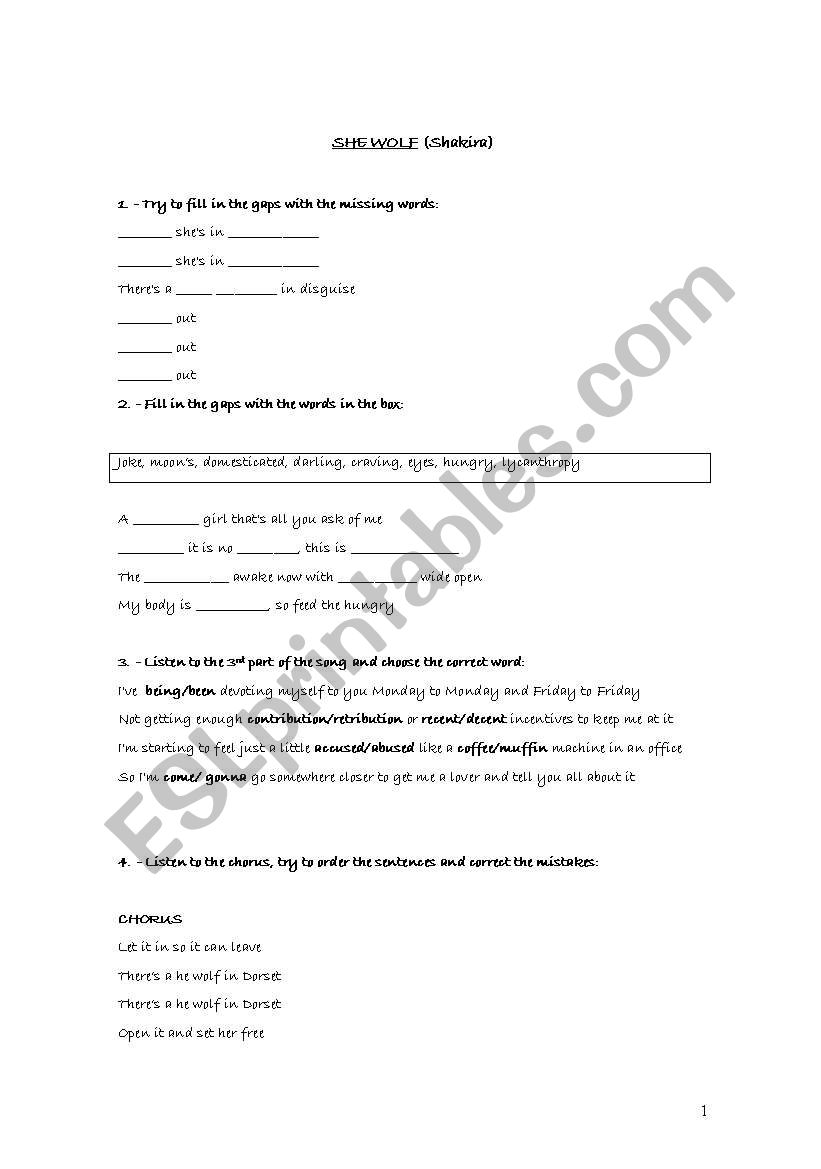 She wolf worksheet