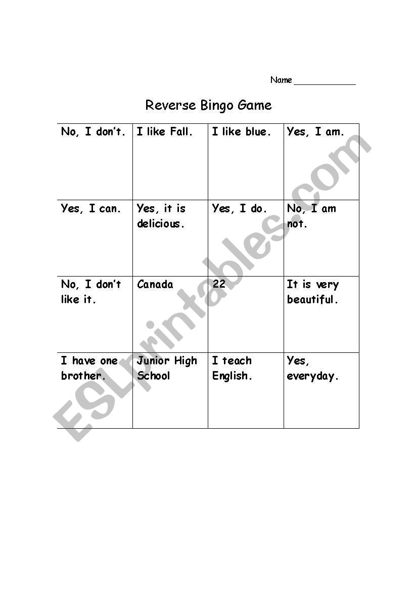 Reverse Bingo worksheet