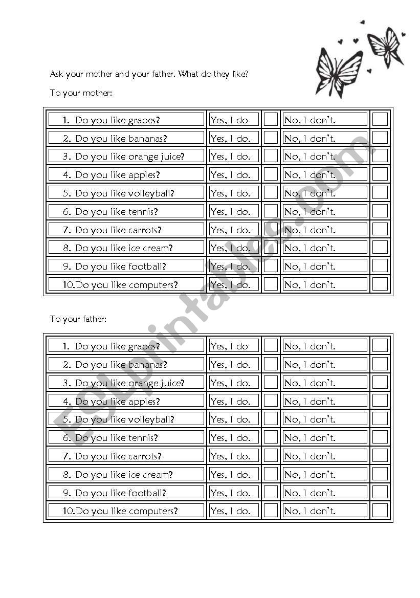 do you like...? A mini survey worksheet