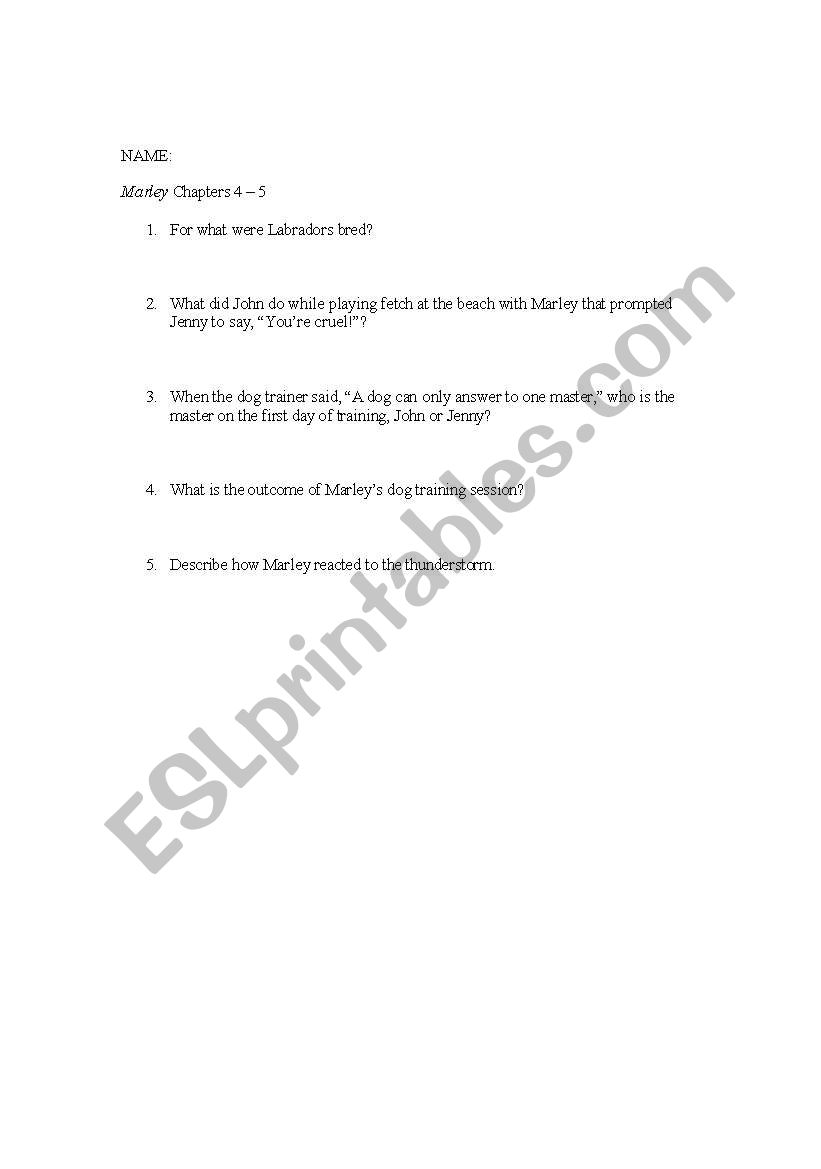 Marley: A Dog Like No Other Quiz Chapters 4-5