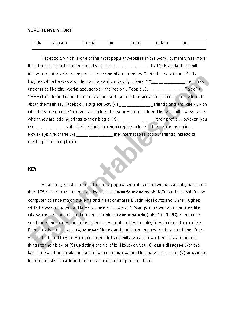 Verb Tense Story-Facebook worksheet