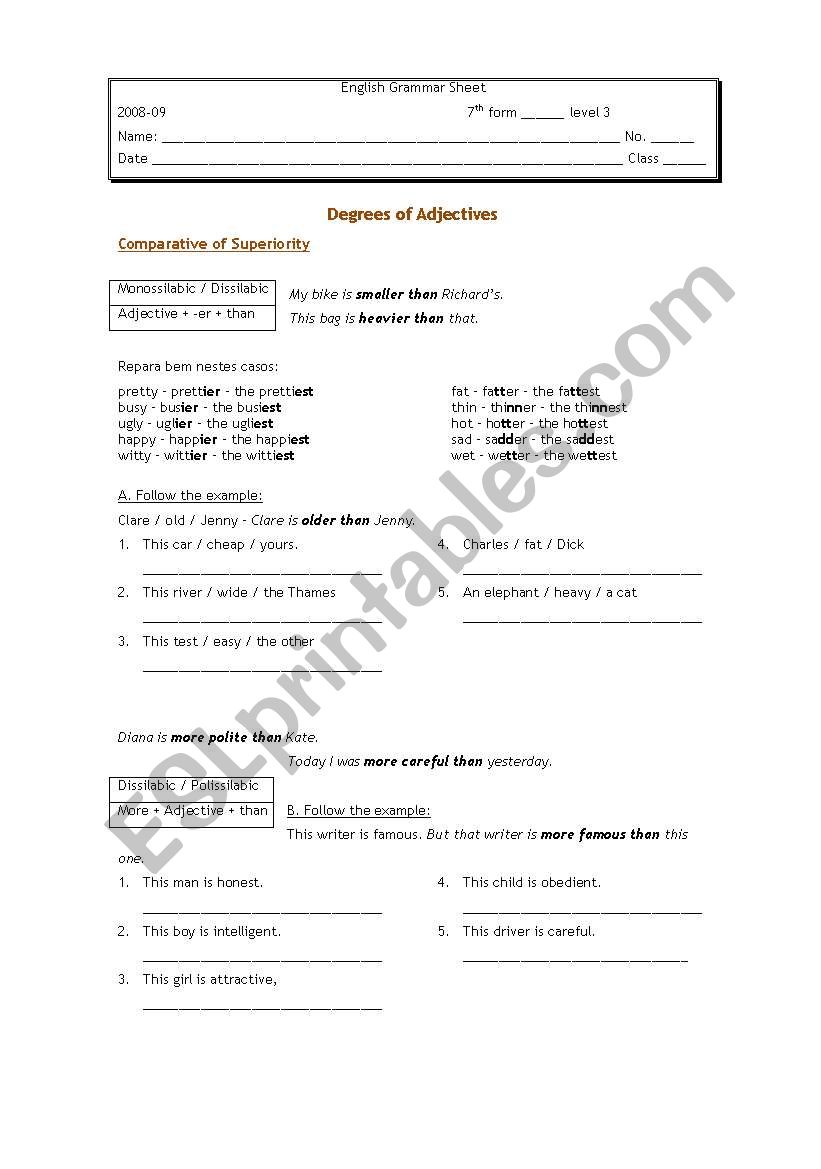 degrees of adjectives worksheet