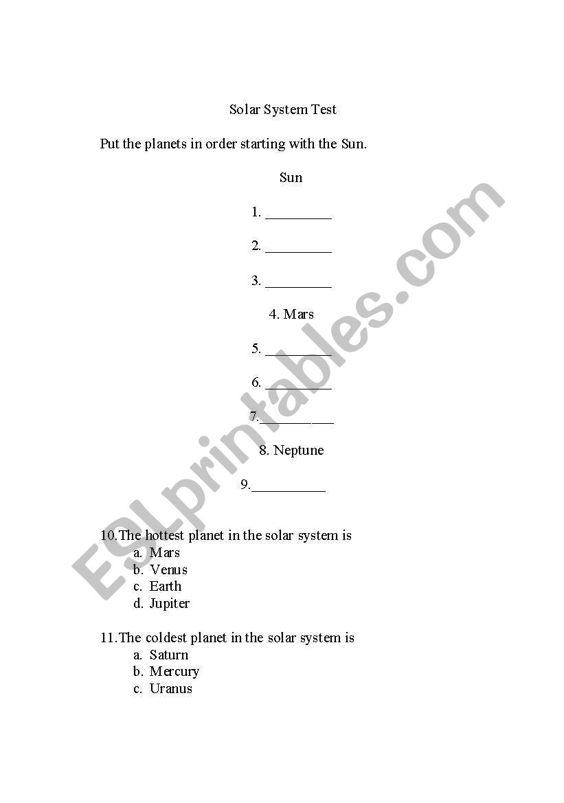 solar system test  worksheet