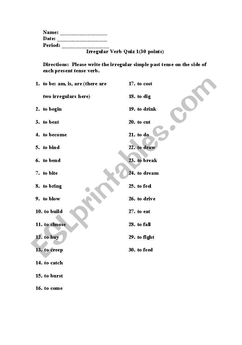 Irregular Past Tense Verbs worksheet