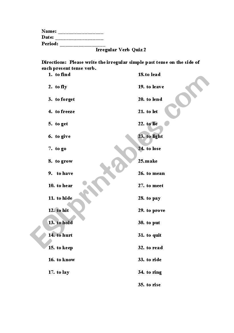 Part 2 Irregular Past Tense Verbs