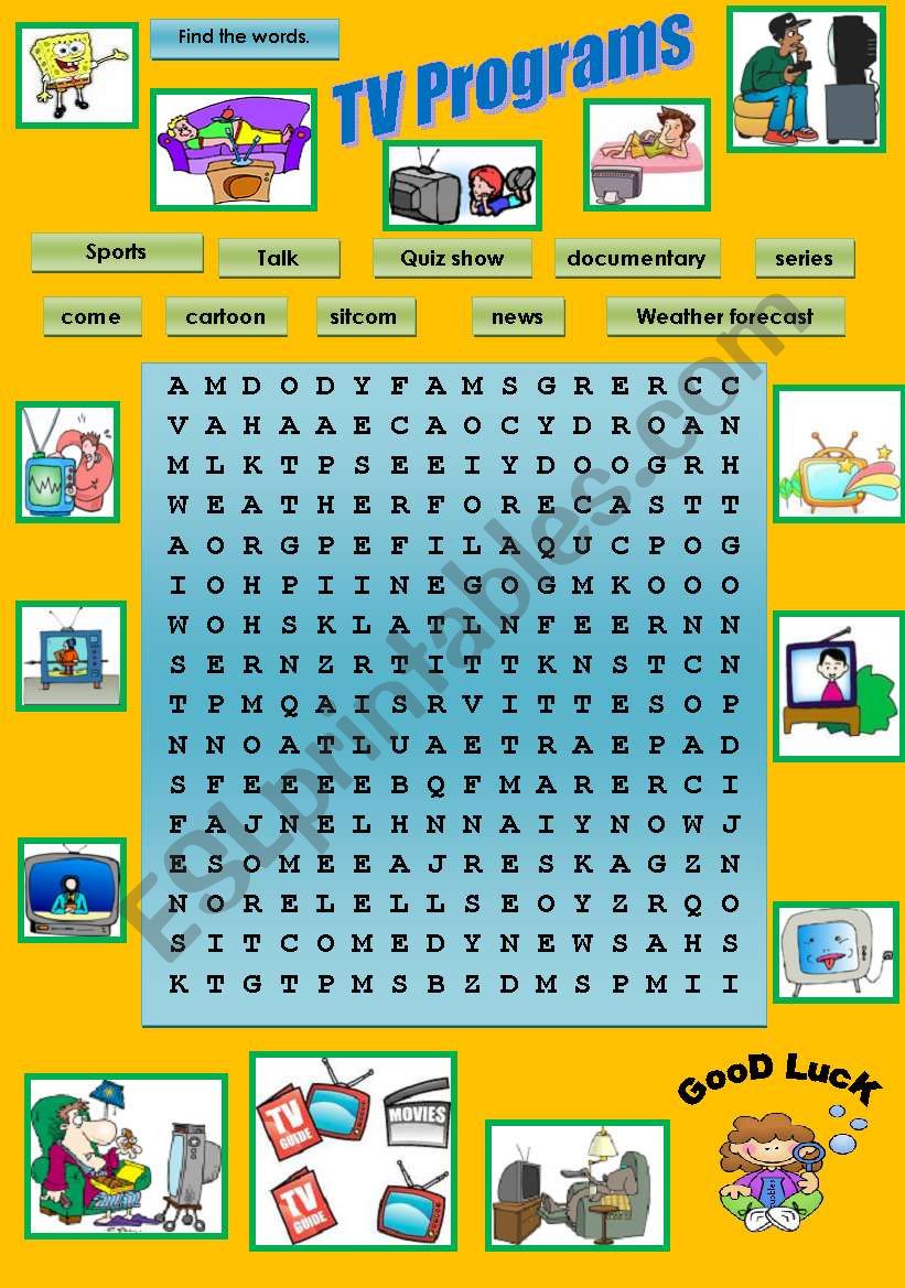 TV Programs - Wordsearch worksheet