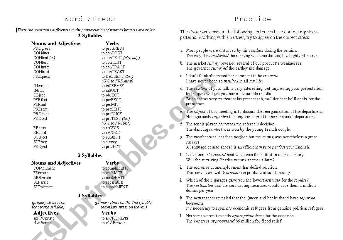 Word Stress worksheet