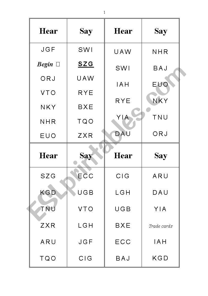 Hear and Say Cards worksheet