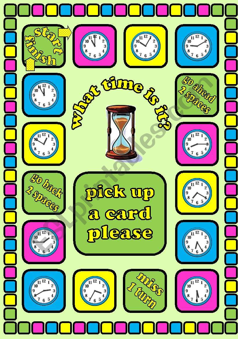 What time is it?. Time telling board game + cards + instructions. Fully editable