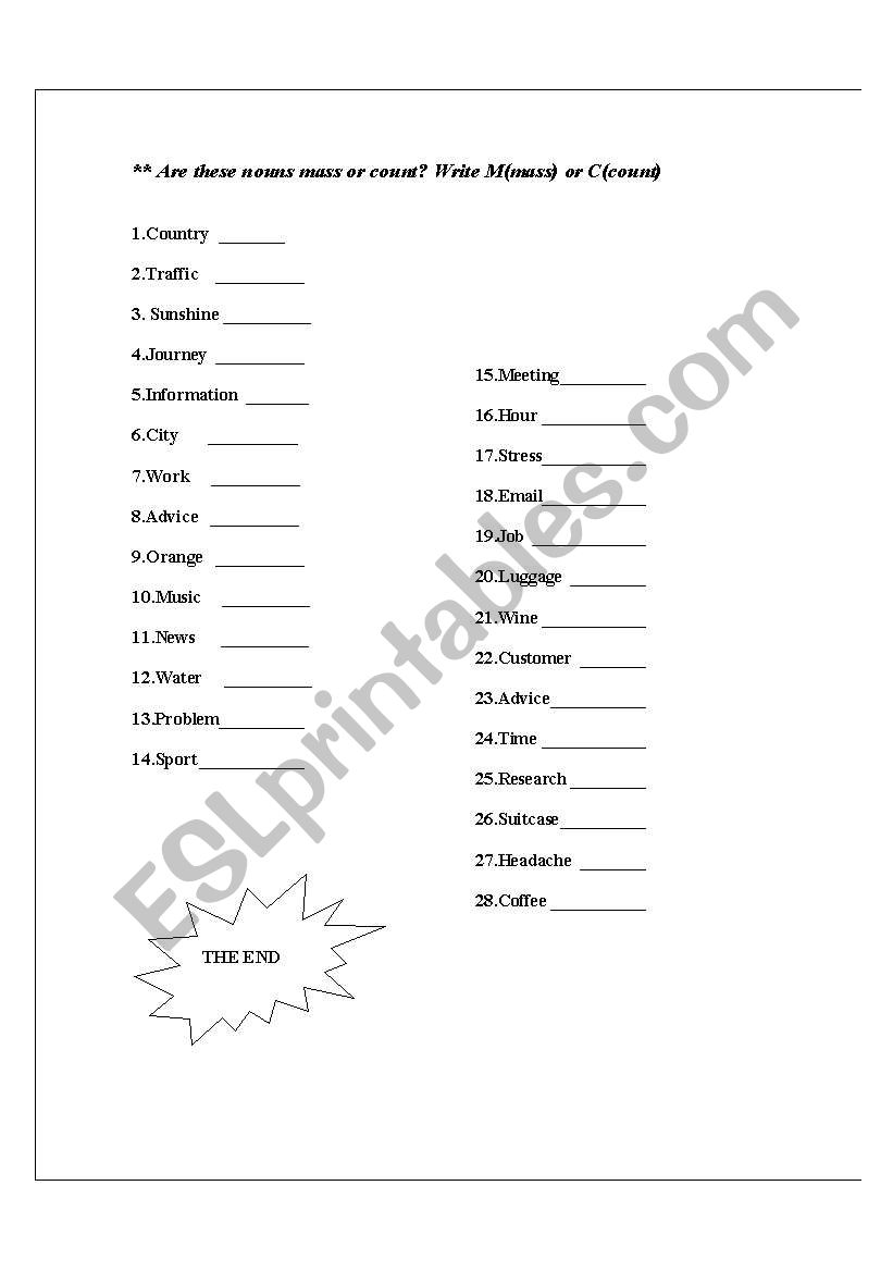 COUNT NOUNS OR MASS NOUNS worksheet