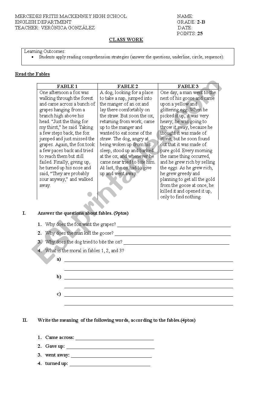 Working with  Fables worksheet