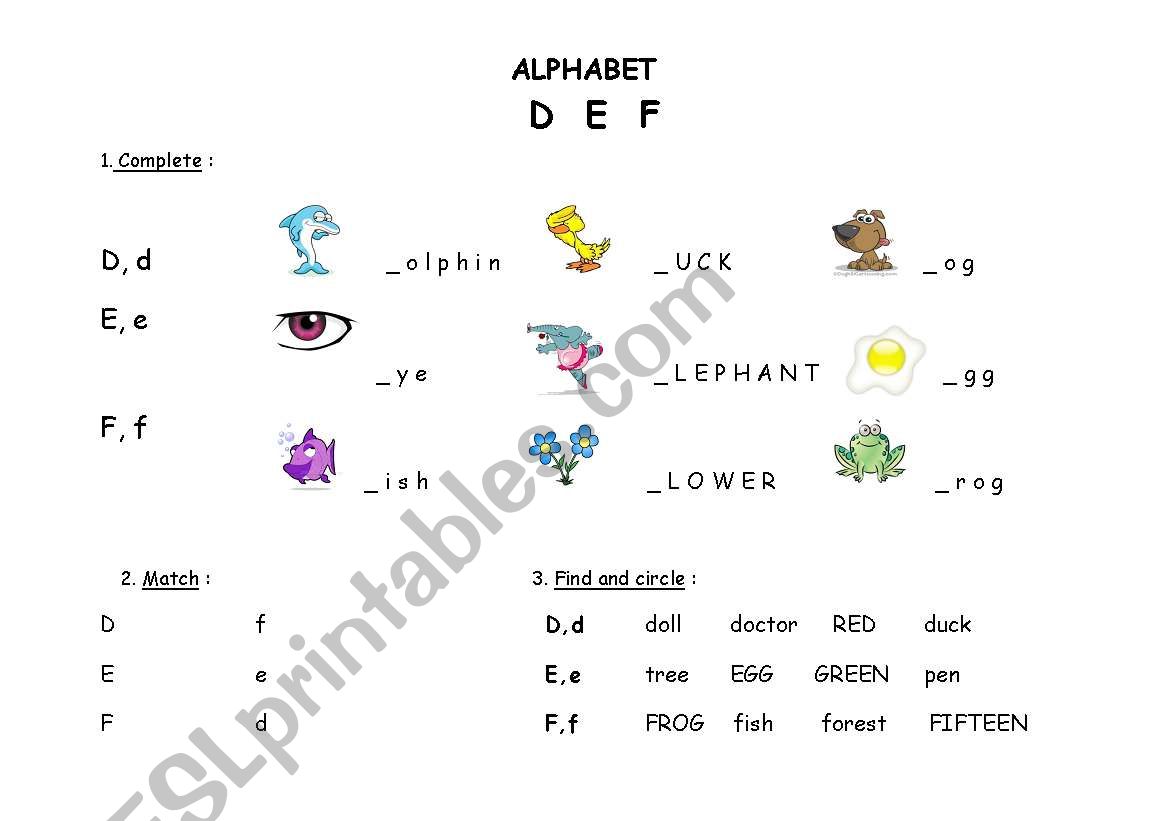 Alphabet-Letters d,e,f worksheet
