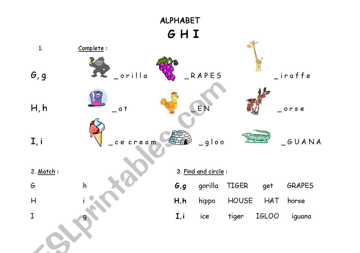 Alphabet-Letters g,h,i worksheet