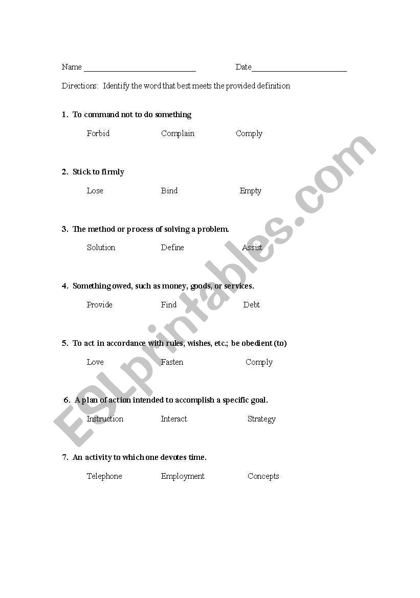 Defining Words worksheet