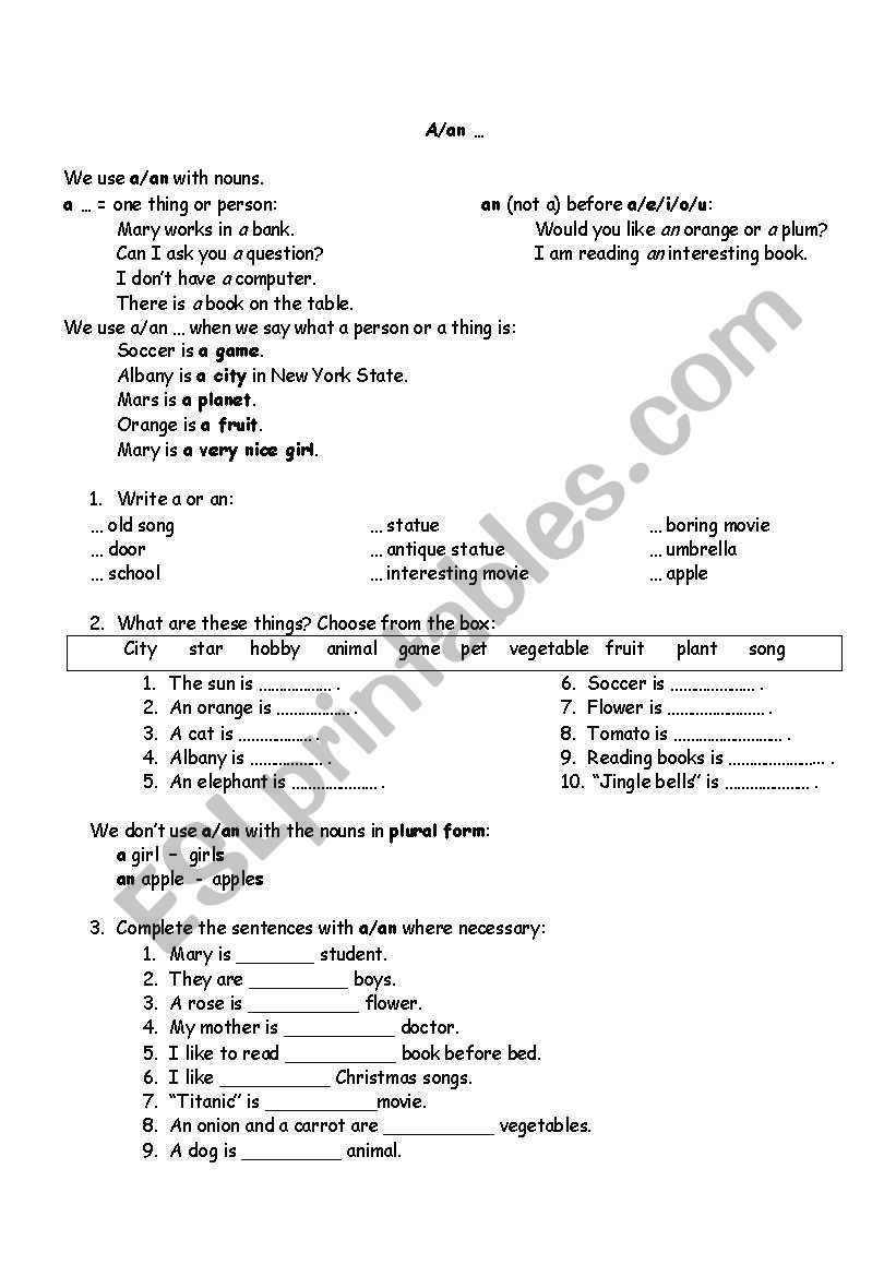 A/an worksheet