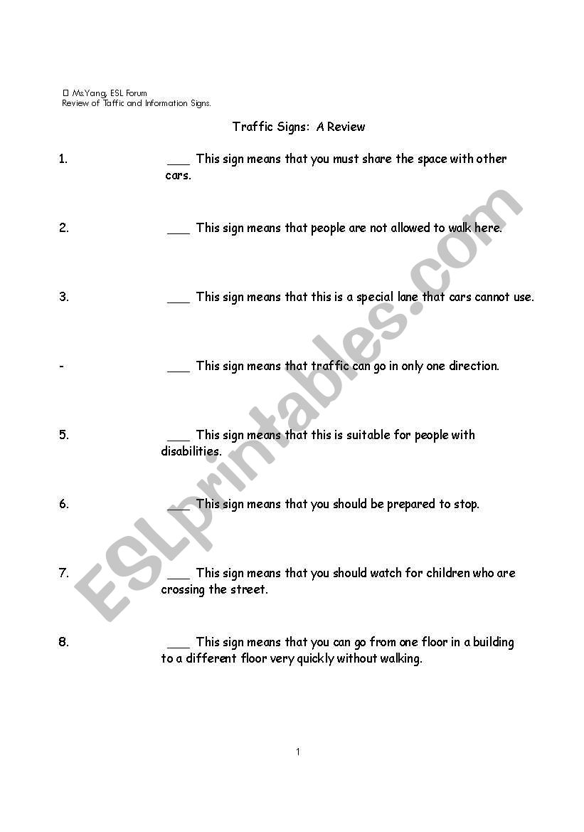 Match the Traffic Signs  worksheet