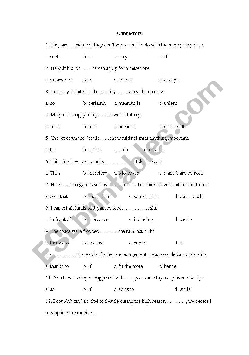 Connectors worksheet