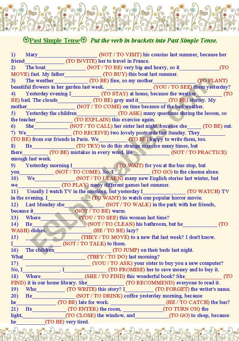 Past Simple Tense. Fill the gaps with the verb in Past Simple.