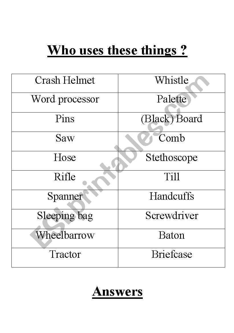 Who uses these things ? worksheet