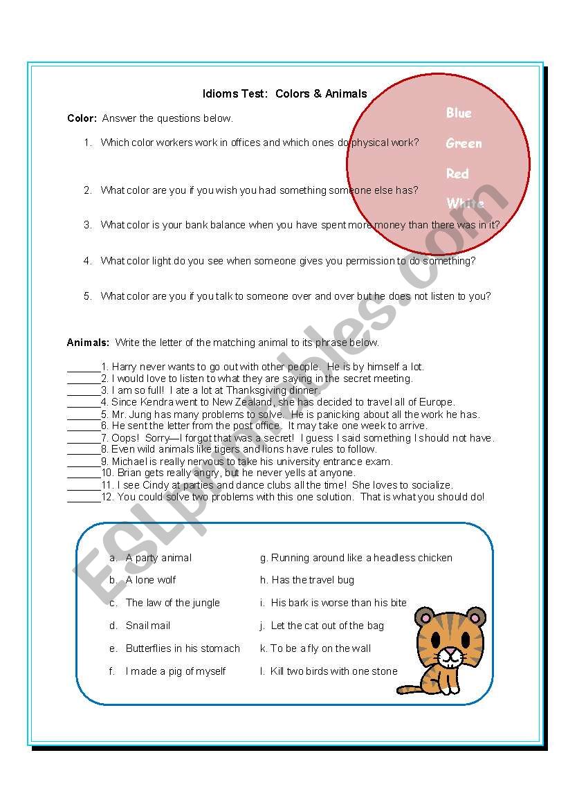 Idioms Test: Colors & Animals worksheet