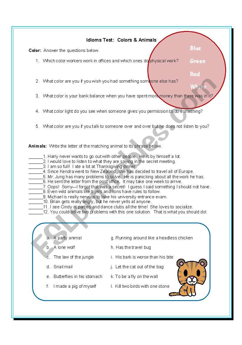 Idioms Test: Colors & Animals worksheet