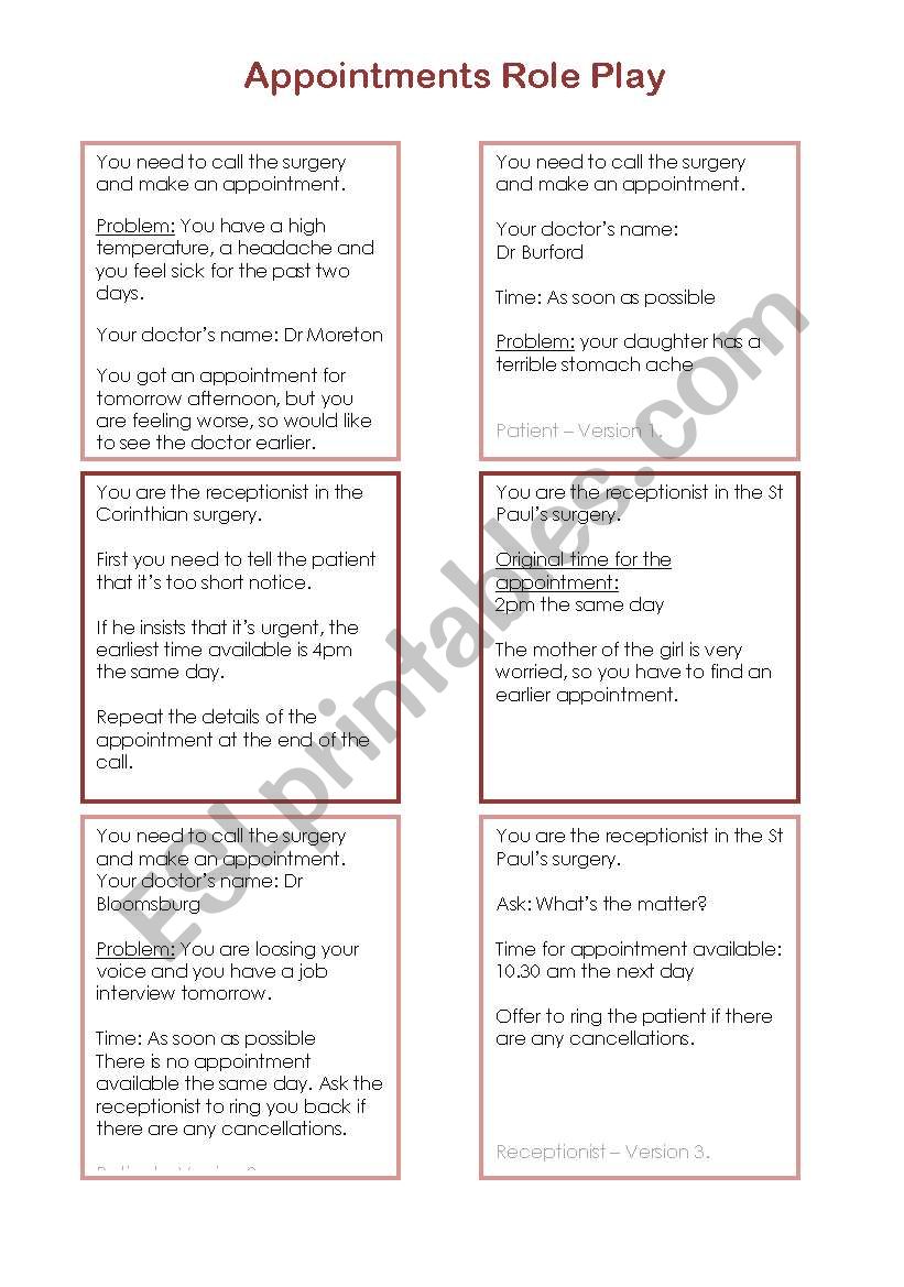 Appointments Role Play Cards worksheet