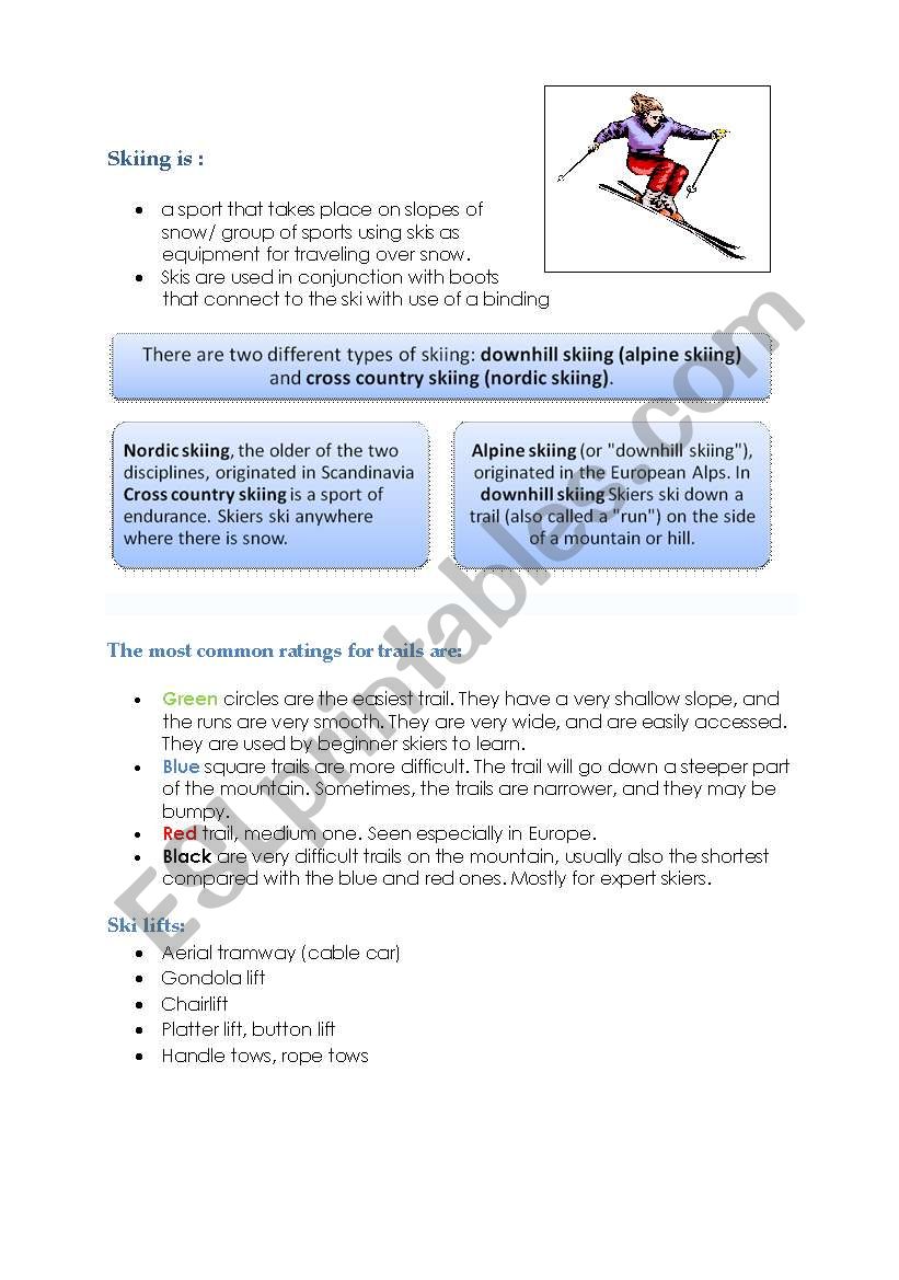 Ski vocabulary worksheet